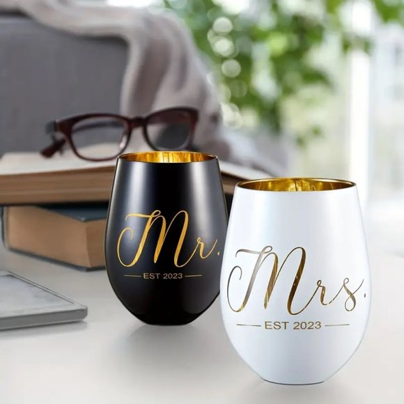 NWOT/NIB  2pcs, Mr. and Mrs. Wedding Wine Glass/Tumbers - Picture 1 of 4